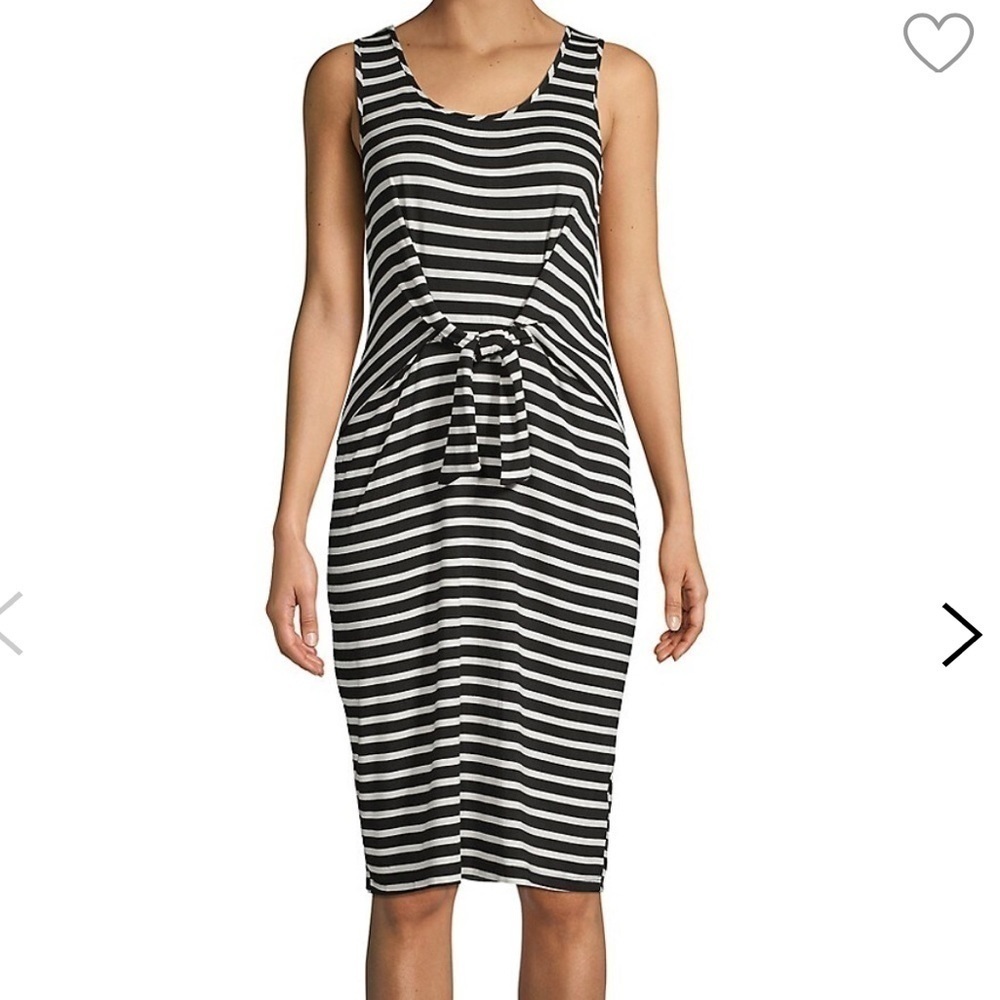 Lord & Taylor Black and White Striped Tie-Waist Sleeveless Dress